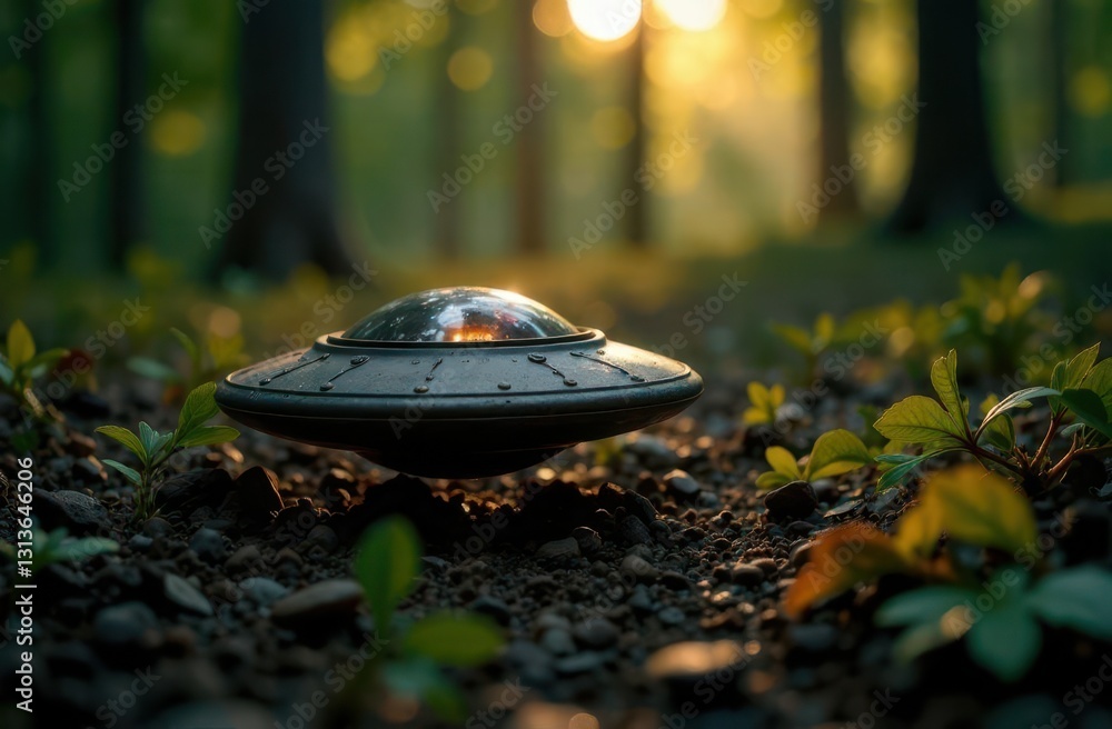 Aufkleber Enigmatic UFO sighting captured in a forest at sunset using AI technology