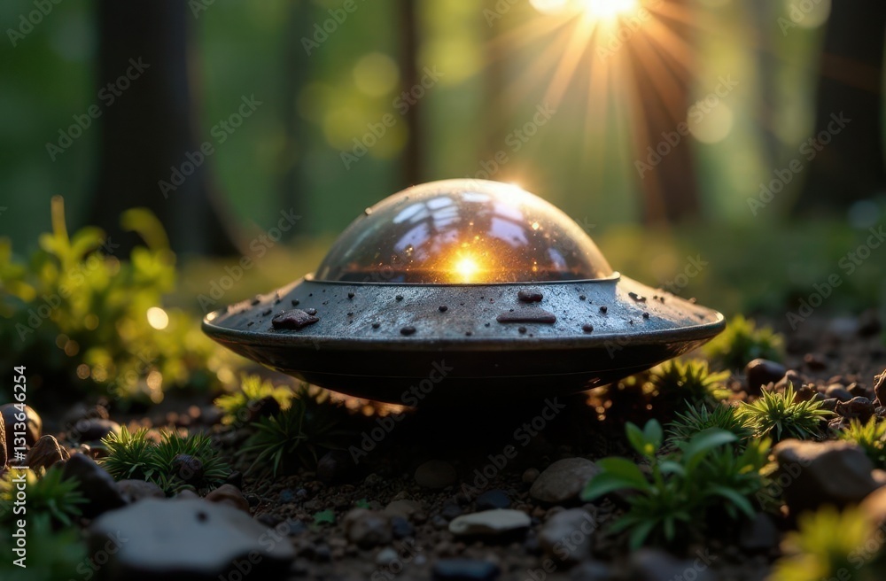 Aufkleber mysterious ufo resting on forest floor at sunset with glowing light