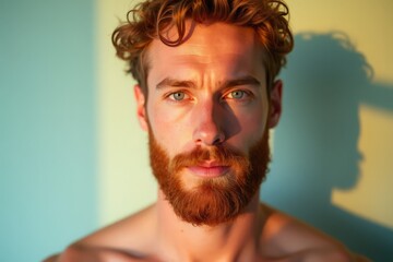 Portrait of a person with curly auburn hair and a red beard bathed in warm golden light against a mint green wall, creating artistic shadow play.