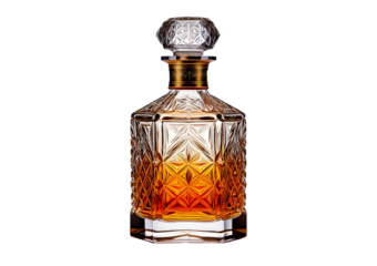 Crystal whiskey decanter featuring an ornate geometric pattern and a classic stopper, isolated on transparent or white background