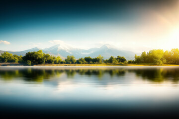 Scenic view of a peaceful lake surrounded by majestic peaks and vibrant trees.  