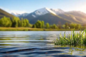 Scenic view of a peaceful lake surrounded by majestic peaks and vibrant trees.  