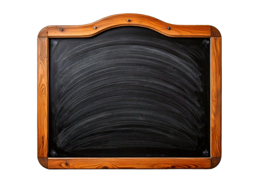 Decorative chalkboard with a curved wooden frame, perfect for menus, announcements, isolated on transparent or white background