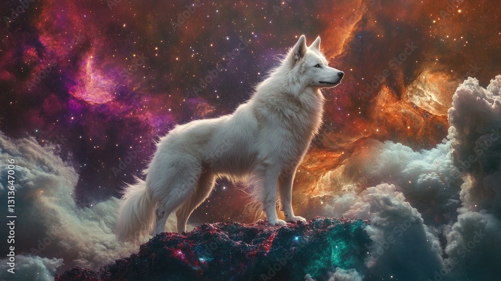 Poster a majestic white dog standing on a cosmic terrain with colorful nebulae and sparkling stars in the b