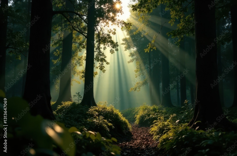 Aufkleber Mysterious lights shining through forest canopy hint at unexplained phenomena