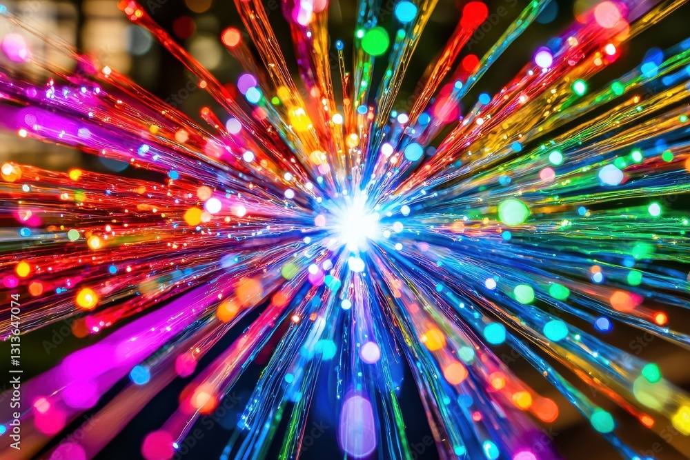 Poster a vibrant burst of multicolored light streaks emanating from a central glowing point, creating a dyn