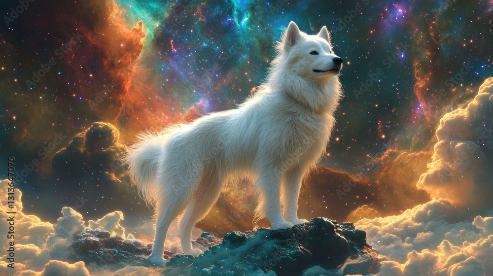 Poster a majestic white dog standing on a cosmic terrain with colorful nebulae and sparkling stars in the b
