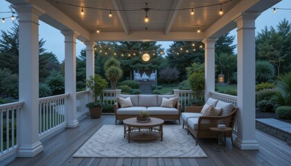 Cozy Outdoor Living Space with String Lights and Comfortable Furniture