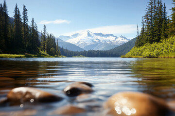 Scenic view of a peaceful lake surrounded by majestic peaks and vibrant trees.  