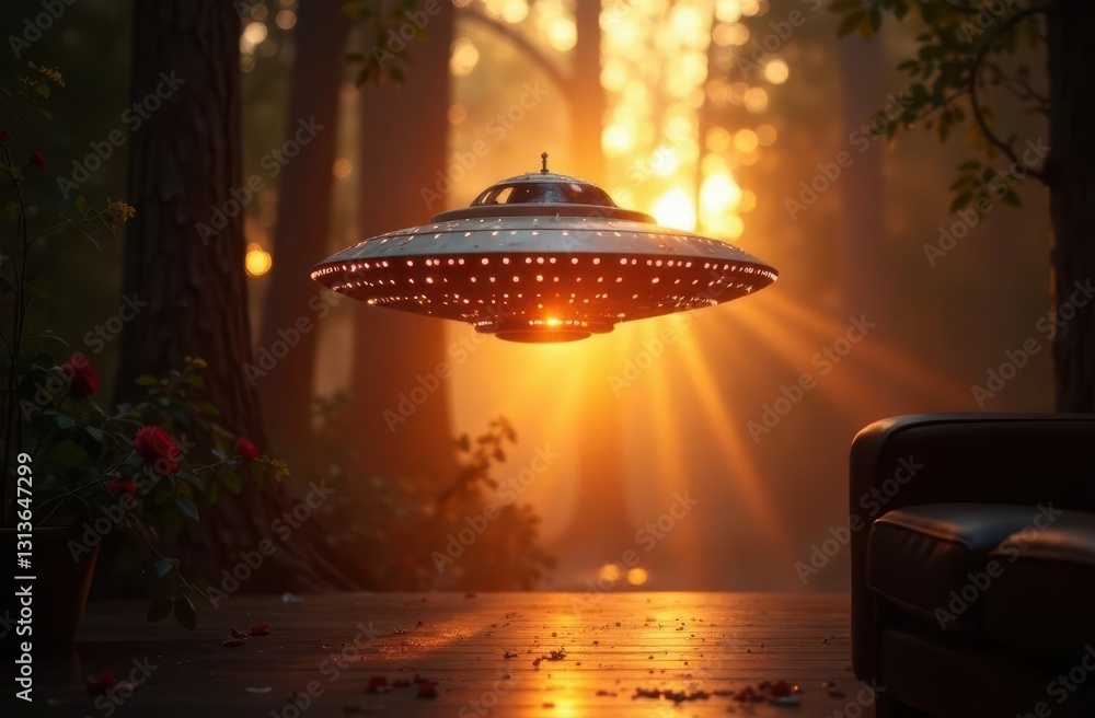 Aufkleber mysterious ufo flying over a forest at sunset captured in high resolution