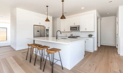Modern White Kitchen Island with Oak Flooring