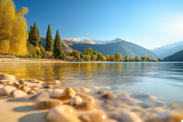 Scenic view of a peaceful lake surrounded by majestic peaks and vibrant trees.  