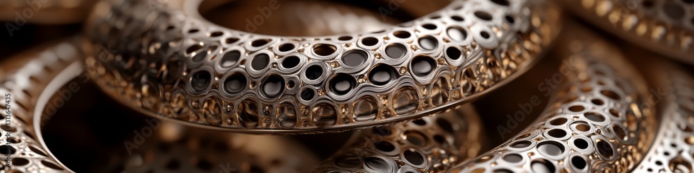 Poster abstract metallic textures cnc milled rings with intricate geometric patterns, digital art style
