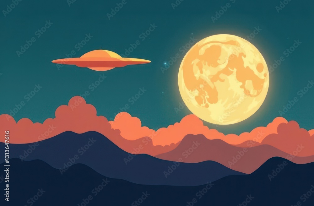 Aufkleber Gigapixel AI captures UFO hovering near the moon over mountains at dusk