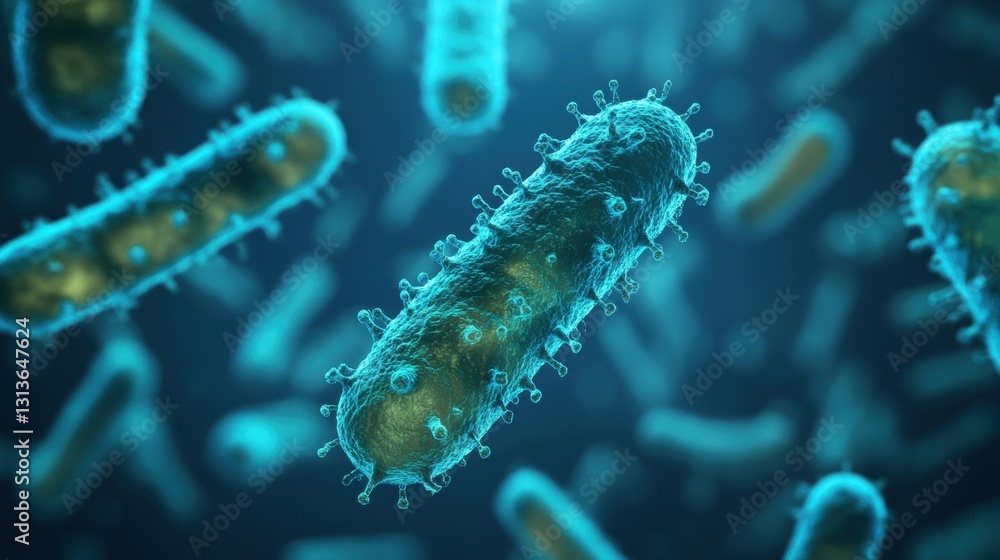 Poster close-up view of colorful bacteria with fine details showcasing microscopic structures in a vibrant 