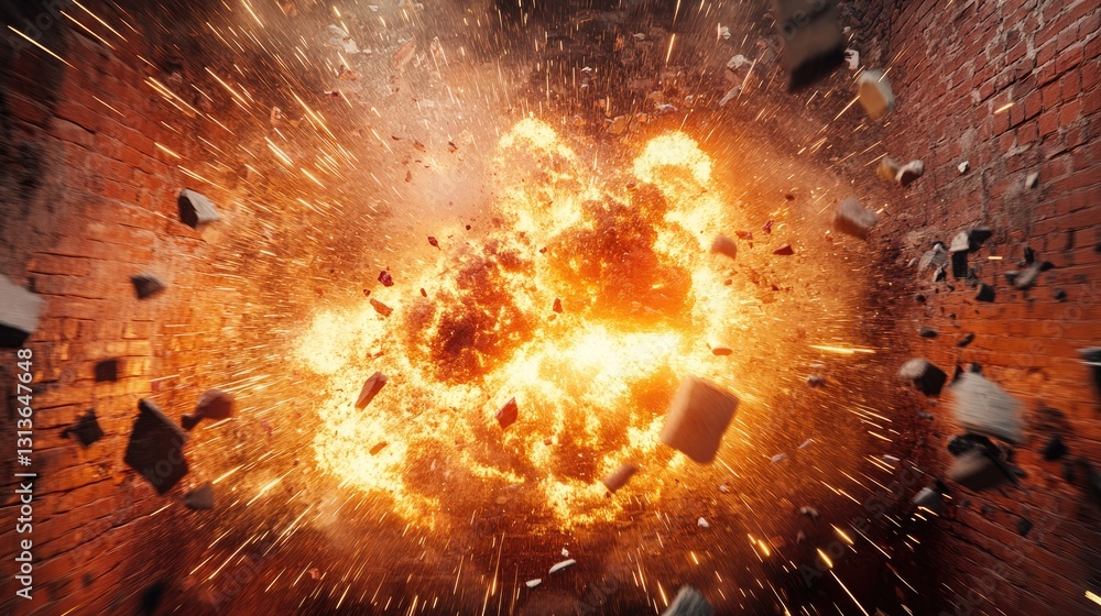 Poster a massive explosion breaking through a red brick wall, sending fiery sparks and debris flying in a c
