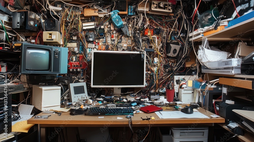 Poster A messy computer desk overflowing with tangled wires, gadgets, and tech components, capturing the chaotic nature of a busy, high-tech environment.