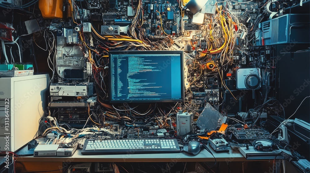 Poster A messy computer desk overflowing with tangled wires, gadgets, and tech components, capturing the chaotic nature of a busy, high-tech environment.