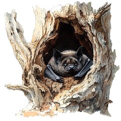 A Bat Resting in a Hollow Tree Trunk. A detailed illustration of wildlife in its natural habitat.
