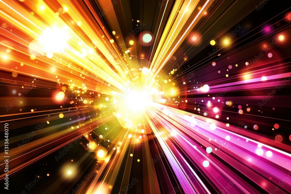Poster a dynamic burst of vibrant light streaks emanating from a central point, creating a powerful sense o