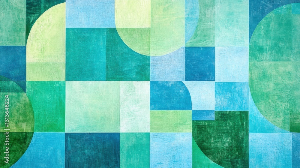 Poster abstract geometric design featuring varying shades of green and blue in squares and circles on a tex