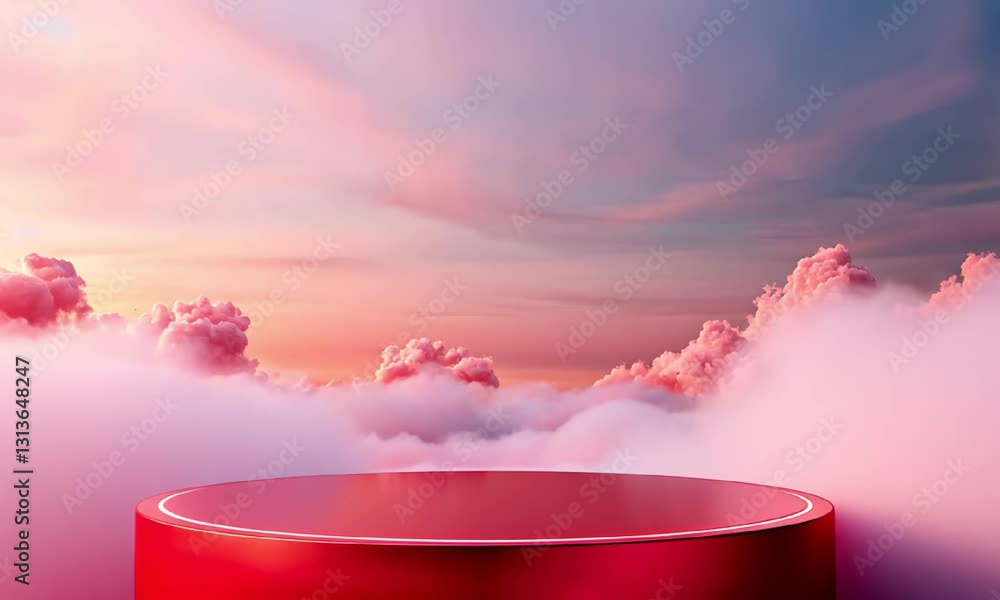 Poster a vibrant red platform stands amidst fluffy clouds under a colorful sky, creating an ethereal atmosp