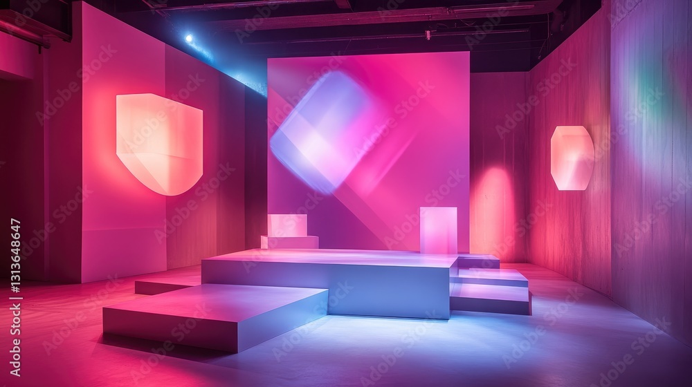 Poster a minimalistic yet vibrant design featuring a bold pink backdrop, floating geometric shapes, and a s