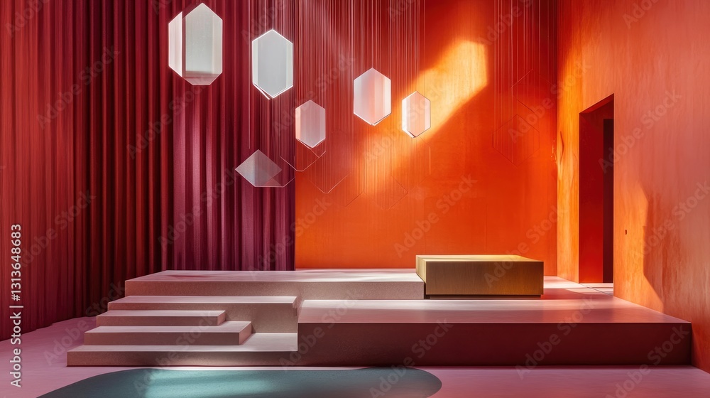 Poster a minimalistic yet vibrant design featuring a bold pink backdrop, floating geometric shapes, and a s