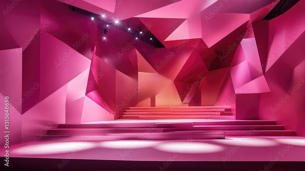 Poster a minimalistic yet vibrant design featuring a bold pink backdrop, floating geometric shapes, and a s