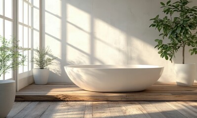 Fototapeta premium Modern Minimalist Bathroom with Freestanding Bathtub, Natural Light, Potted Plants, and Wooden Elements for Tranquil Interior Design Inspiration