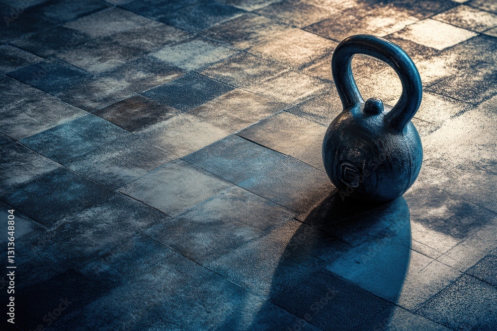 Aufkleber Kettlebell positioned at golden ratio point on textured gym floor with soft lighting for contrast and empty space for text Generative AI