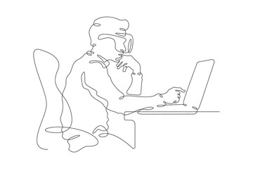 Continuous one line drawing man at the laptop. Man in virtual reality glasses. VR helmet.
