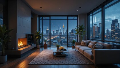Cozy Modern Living Room with City View at Night