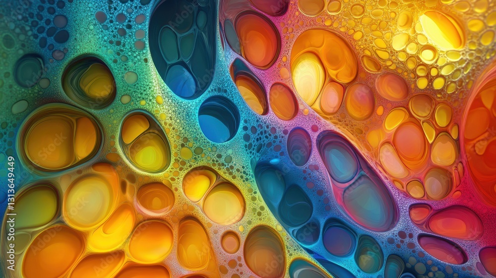 Poster abstract colorful pattern with bubbles and fluid shapes in blue, orange, yellow, and red tones for a