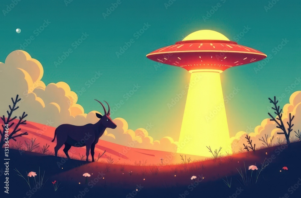 Aufkleber mysterious ufo descends in a tranquil landscape with a curious goat