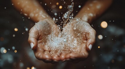 Fototapeta premium Water pouring gracefully into two cupped hands creating splashes