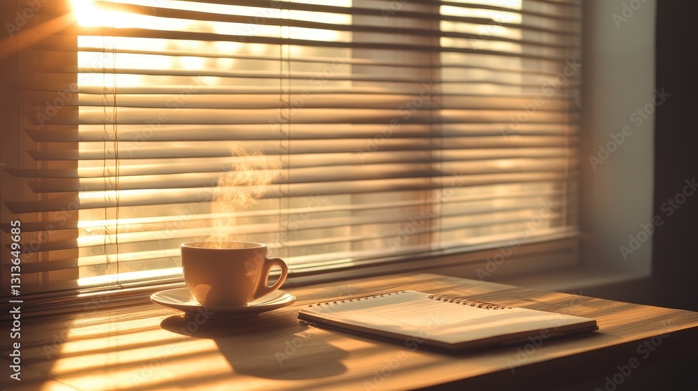 Poster a peaceful morning setup with a steaming cup of coffee, an open notebook, and sunlight filtering thr