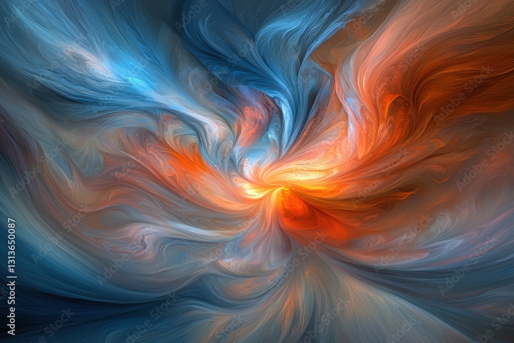 Poster an abstract fractal design with a swirling vortex of blue and orange hues creating a mesmerizing, di