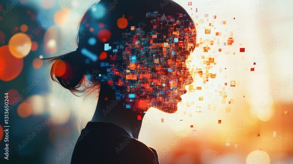 Poster a person overcoming digital distractions, represented visually with fragmented technology and a cent