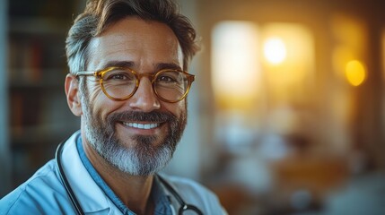 Fototapeta premium Smiling healthcare professional in a warm clinic setting, conveying trust and care