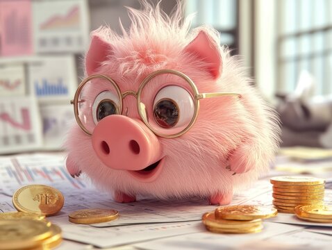 Fluffy pig reviewing finance charts