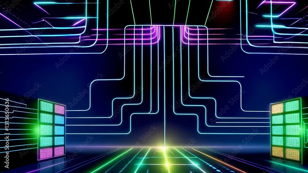 Poster futuristic digital network with glowing neon technology and data flow connections