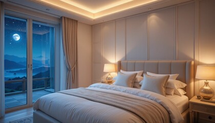 Elegant Bedroom Interior with Scenic Moonlit View and Soft Lighting