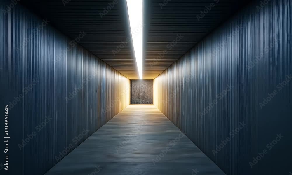Poster a modern, minimalist corridor illuminated by a bright light at the end. the sleek walls and floor cr