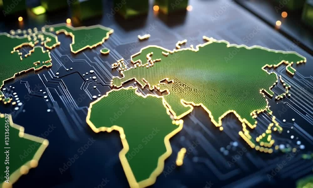 Poster a detailed close-up of a digital world map on a circuit board, showcasing the interconnectedness of 