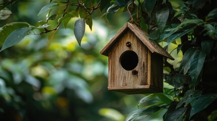 Rustic wooden birdhouse hanging among lush green foliage in serene natural environment, inviting feathered friends to nest and thrive