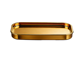Rectangular gold tray with a smooth and reflective finish, perfect for serving, organizing, isolated on transparent or white background.