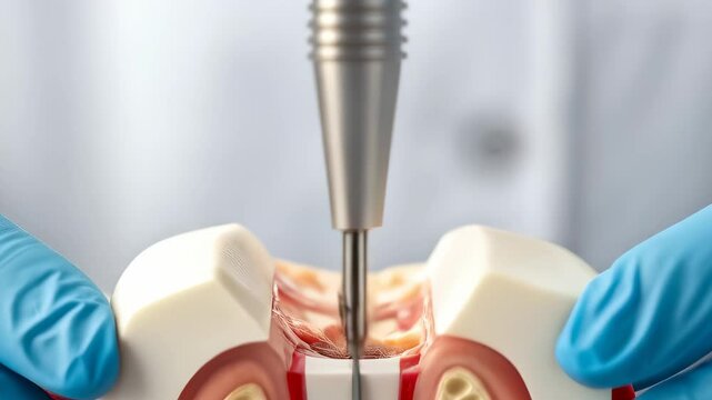 Dental procedure on tooth model with drill and gloved hands demonstrating root canal treatment