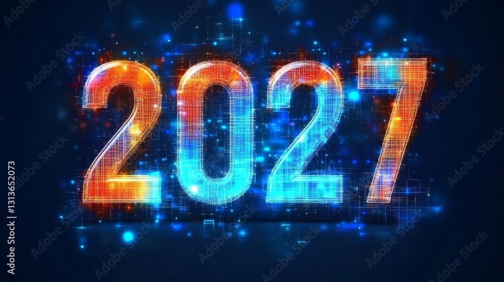 Poster digital abstract background with futuristic style, illuminated numbers 2027 on blue background