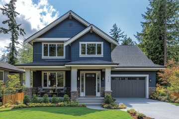 Gray Craftsman-Style Home with White Trim, Surrounded by Trees and Lush Green Grass in the Pacific Northwest